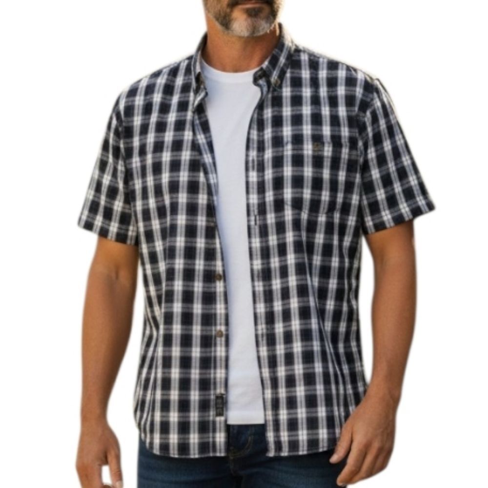 Wrangler Blue Plaid Mens Short Sleeve Cotton Button Down Shirt